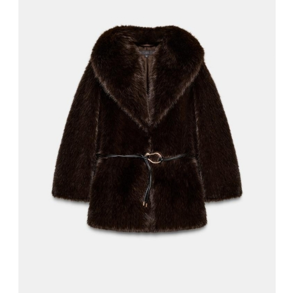ZARA Women's Faux Fur Coat with Belt(Brown, US XS, S, M,L/EUR XS, S, M, L) - Picture 8 of 15